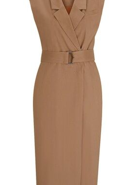 BOSS Tan Sleeveless Notch-Collar Button Dress